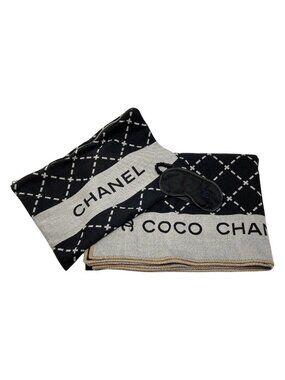 Chanel Cocomark Travel Set Blanket Eye Mask Black Gray Wool Silk